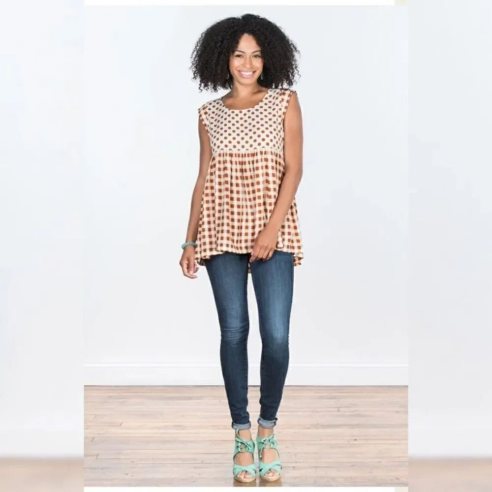 MATILDA JANE Women's SizeāSmall Feeling Collegiate Polka Dot Gingham TopāRayon